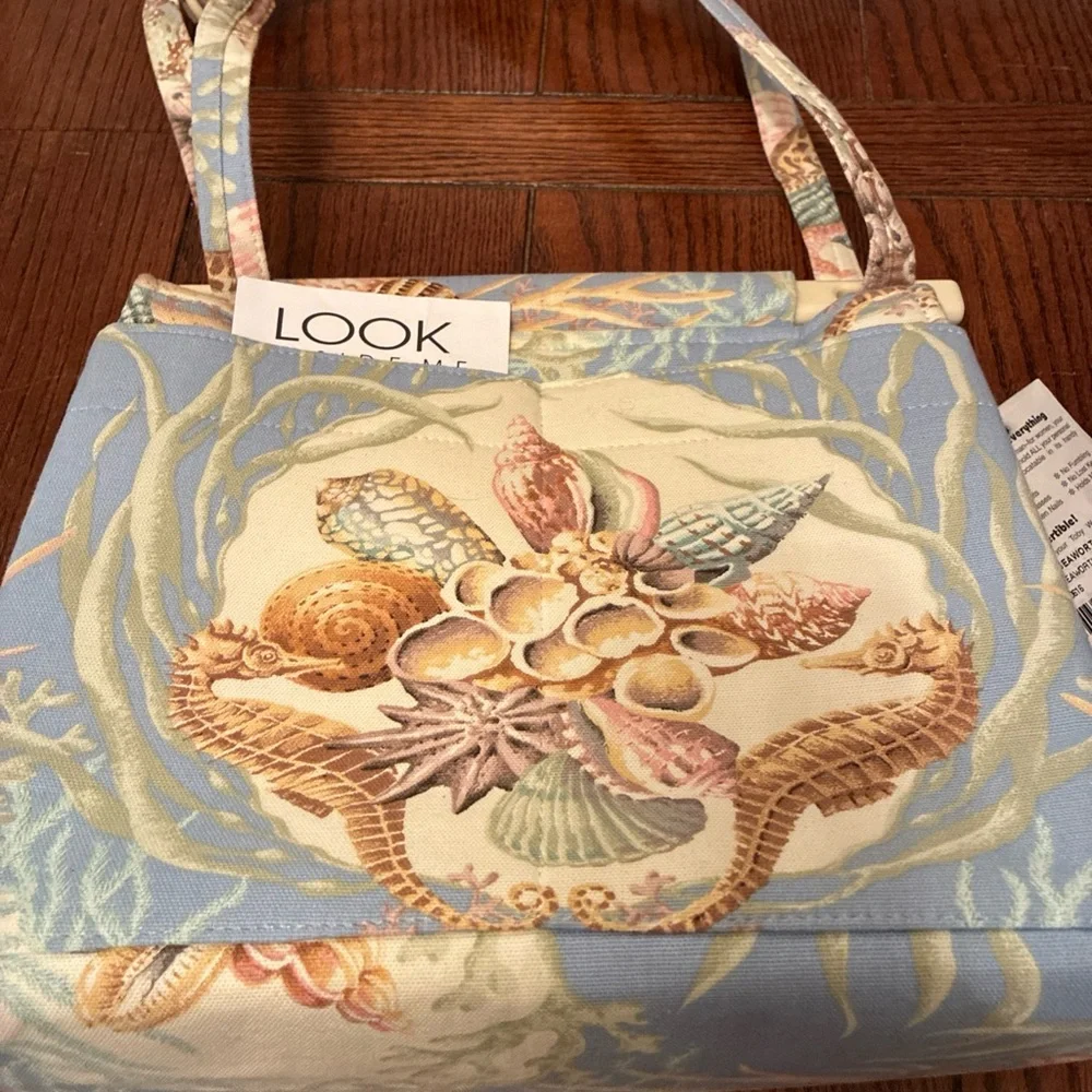 Vintage Toby Weston Tote Purse Canvas Bag Seashells Aquatic
